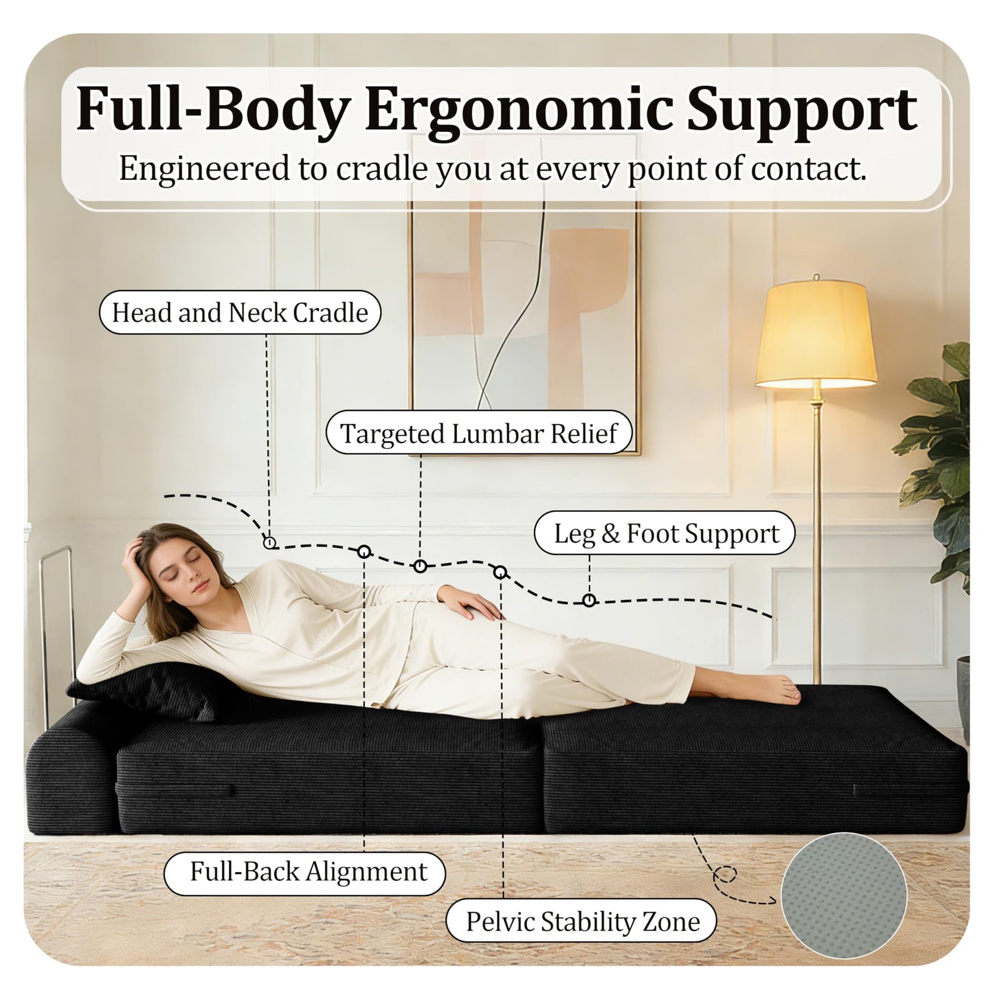 31.5'' Convertible Compressed Corduroy Folding Cloud Sofa Bed, Modern Boneless Pull Out Sleeper Sofa Couch in a Box, 3 in 1 Portable Lazy Floor Lounge Chair, No Assembly Needed, Black, Pillow, Single