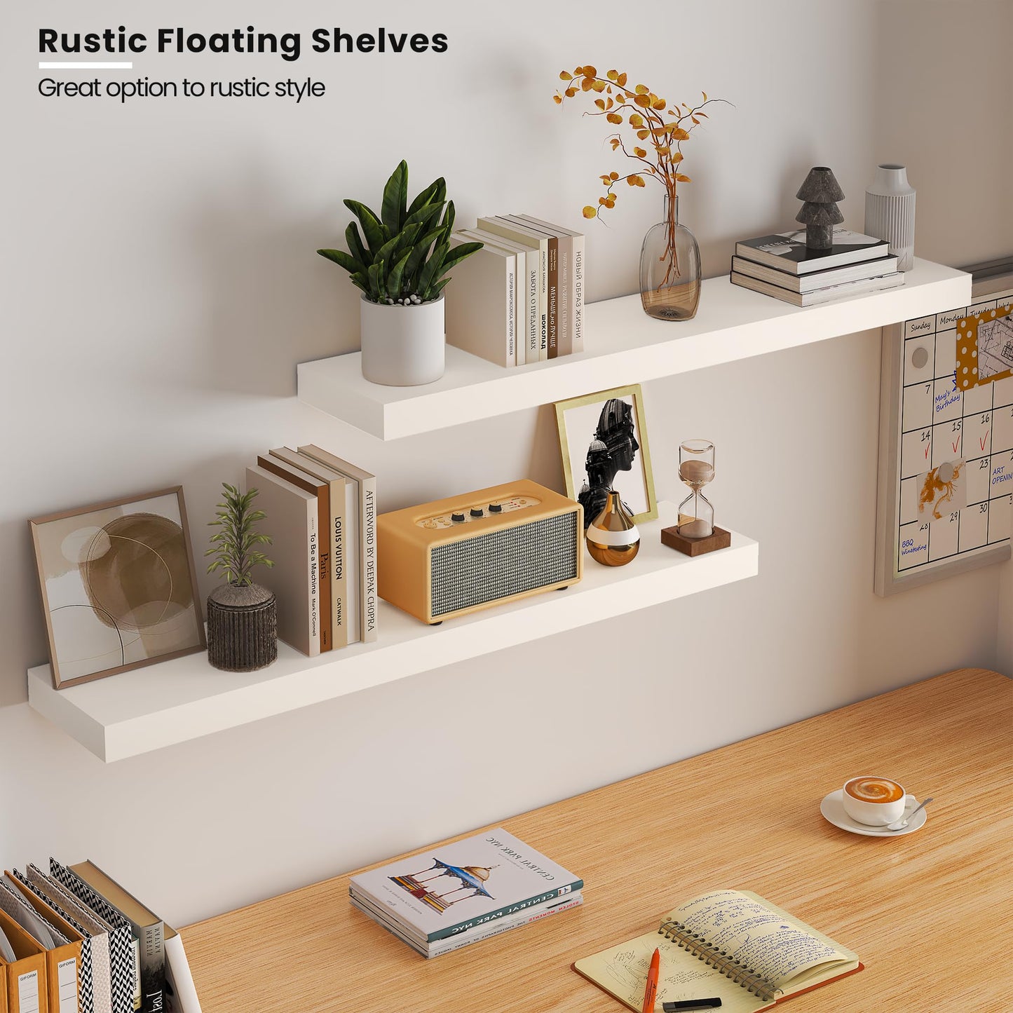 Vivelove Wooden Floating Shelves for Wall 36” x 8”x 1.4”, Solid Wood Shelf with Invisible Brackets, Deep Wall Shelves for Bathroom, LivingRoom, Kitchen, Bedroom, Modern Home Decor, Set of 2 - White