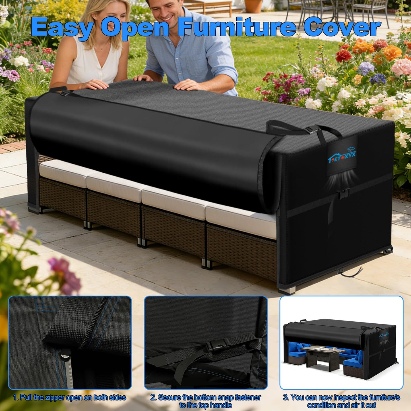 SETOXYX Patio Furniture Covers Rectangle, 420D Outdoor Furniture Set Covers, Waterproof Outside Table Covers Furniture Covers with Flip-Open Zipper Design, Windproof Buckle Straps,90" Lx62 Wx28.3 H