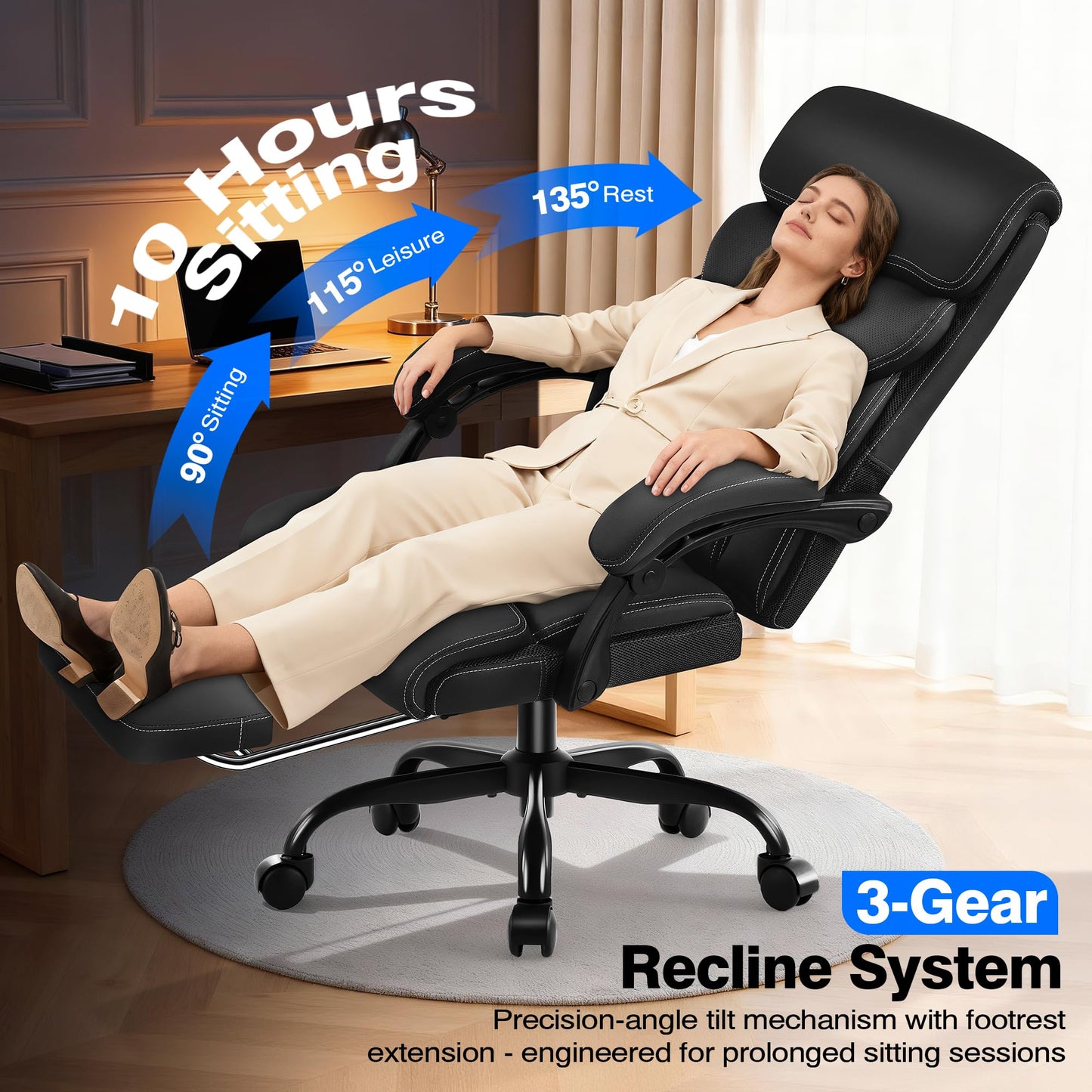 AreShark Ergonomic Office Chair with Footrest - High Back Executive Leather Desk Chair, Breathable Reclining Computer Chair with Lumbar Support, Heavy Duty Swivel Task Chair for Home Office & Gaming