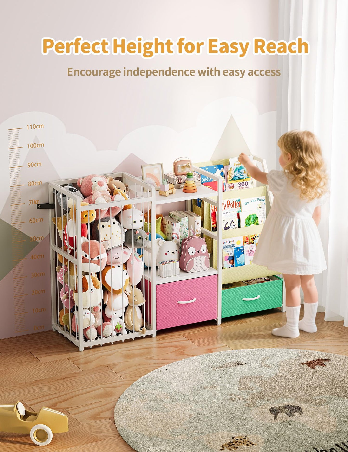 Twinkoo Kids Bookshelf and Toy Storage, Large 3 Tier Book Shelf for Kids Rooms, Sling Baby Bookcase with Stuffed Animal Storage, Toddler Montessori Bookshelf (Pink&Green, 3 Column)