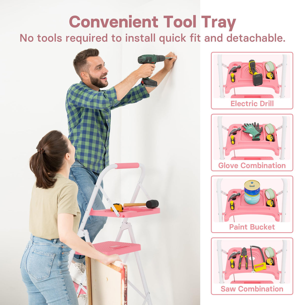 BONTEC 4-Step Ladder, 400lbs Max Load, Folding Step Stool with Tool Tray, Anti-Slip Pedals, Sturdy Steel, Lightweight Portable Ladder with Handrail for Home & Work Use, Pink