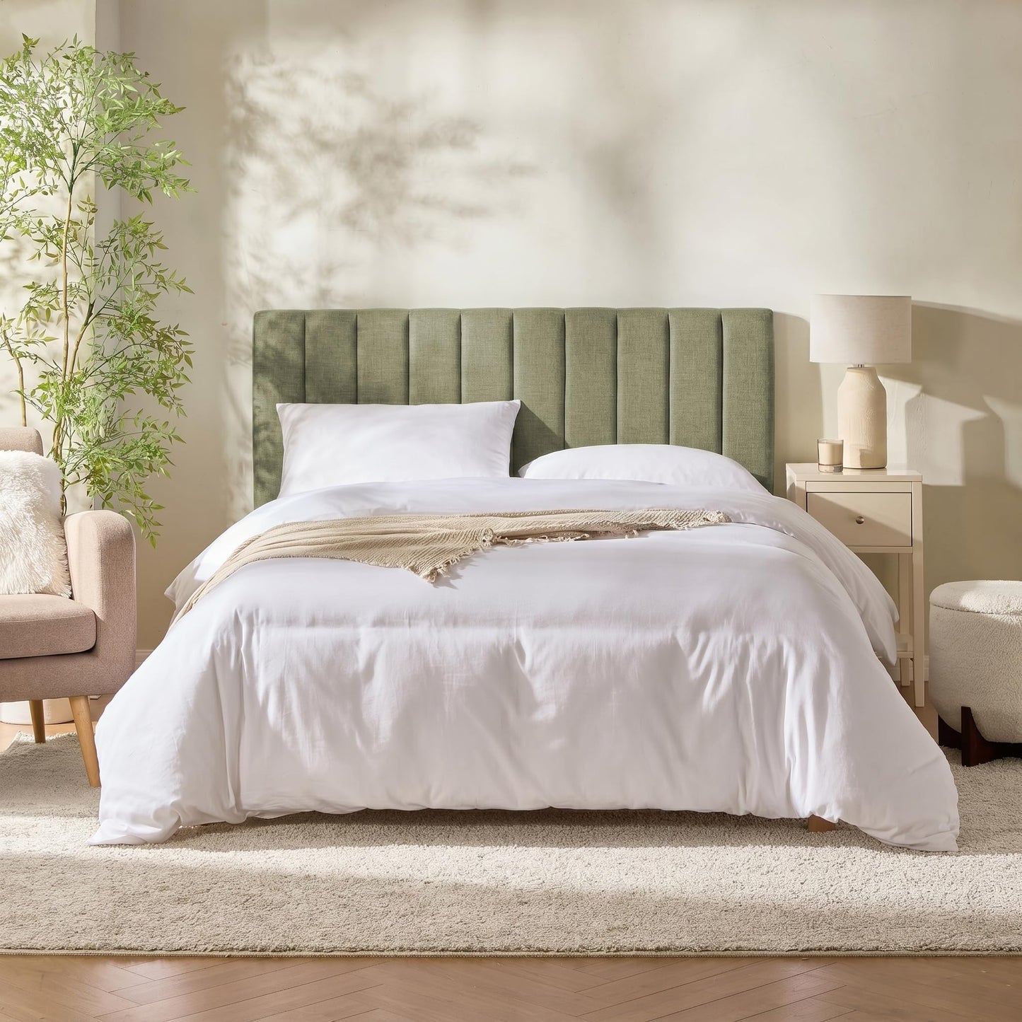 Hearth & Harbor Upholstered Twin Headboard - Easy Assemble Channel Stitched Headboard Twin Size - Wall Mounted Headboards with 3D Soundproof Wall Panels Peel & Stick Floating Headboards, Olive Green