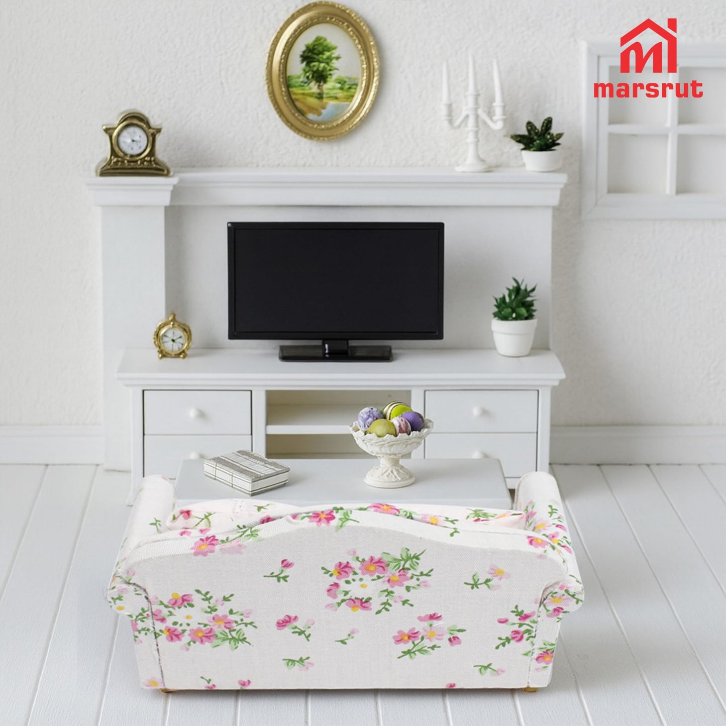 1:12 Scale Dollhouse Couch Sofa Set with Pillows for Living Room, Mini Wooden Upholstered Armchair Furniture Model, Modern High Simulation Fabric Artificial Scene Decoration Accessories, Pink Floral