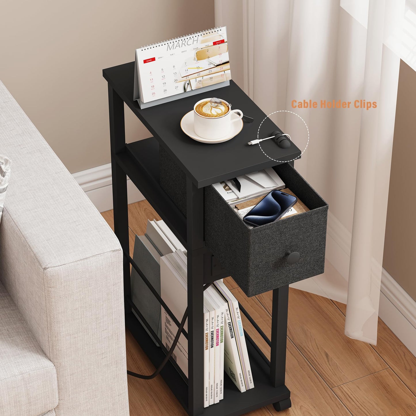 DGSANDGO Narrow Side Table (1PC) - Black End Table with Overload Protection, Charging Station Drawer & 4 Wheels, Mobile Storage Nightstand for Bedroom Studio Apartment (1 AC + 2 USB Ports)