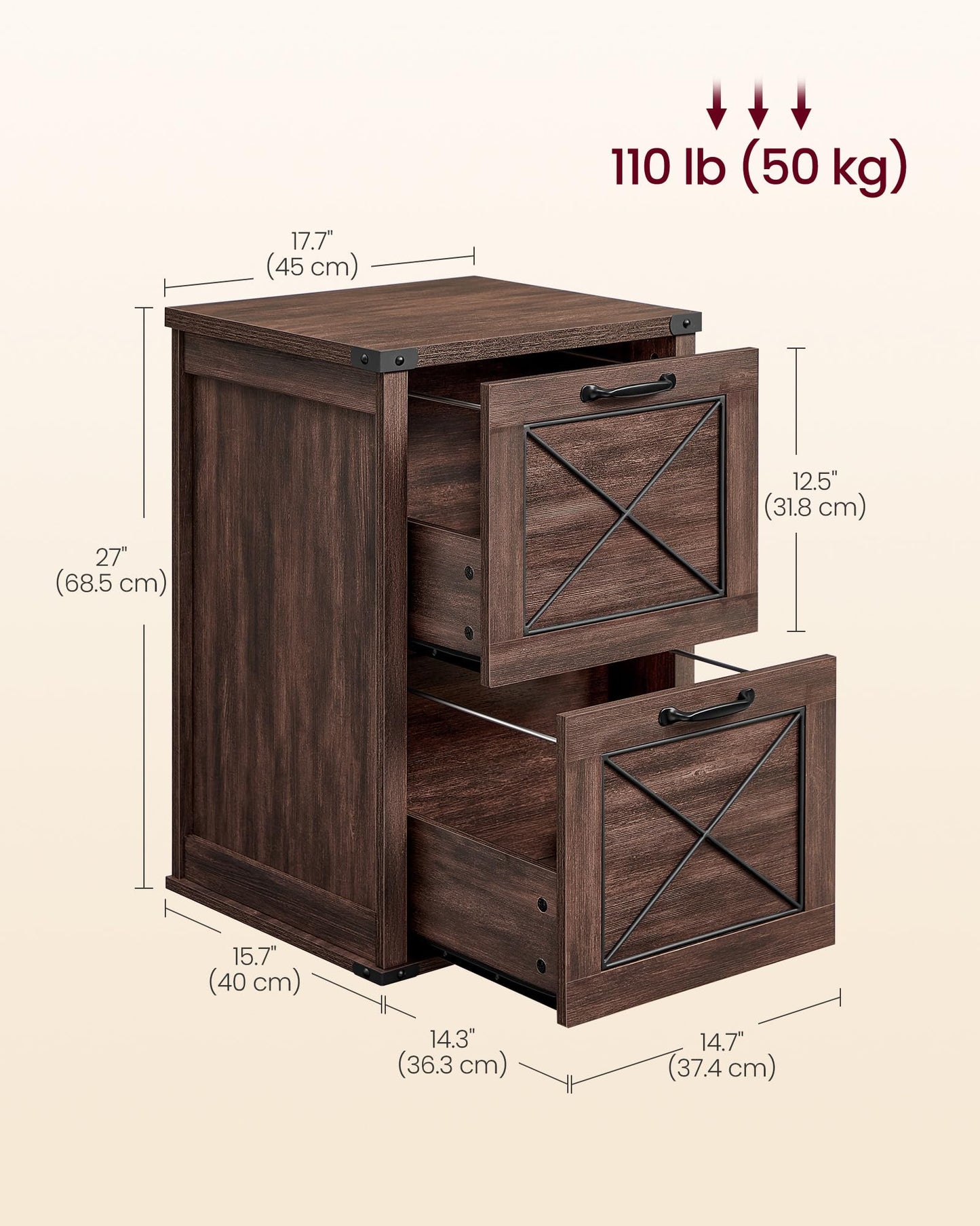 VASAGLE File Cabinet, Filing Cabinet with 2 File Drawers, Printer Stand, Fit A4, Letter Size, Hanging File Folders, Modern Farmhouse Style, for Home Office, Maroon Brown UOFC048K01