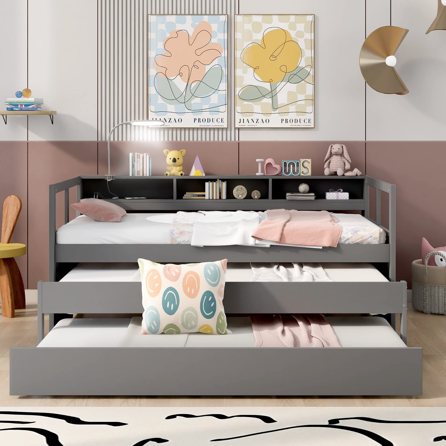Harper & Bright Designs Twin XL Wood Daybed with 2 Twin Size Trundles, 3 Storage Cubbies, 1 Light for Free and USB Charging Design, No Box Spring Needed - Gray