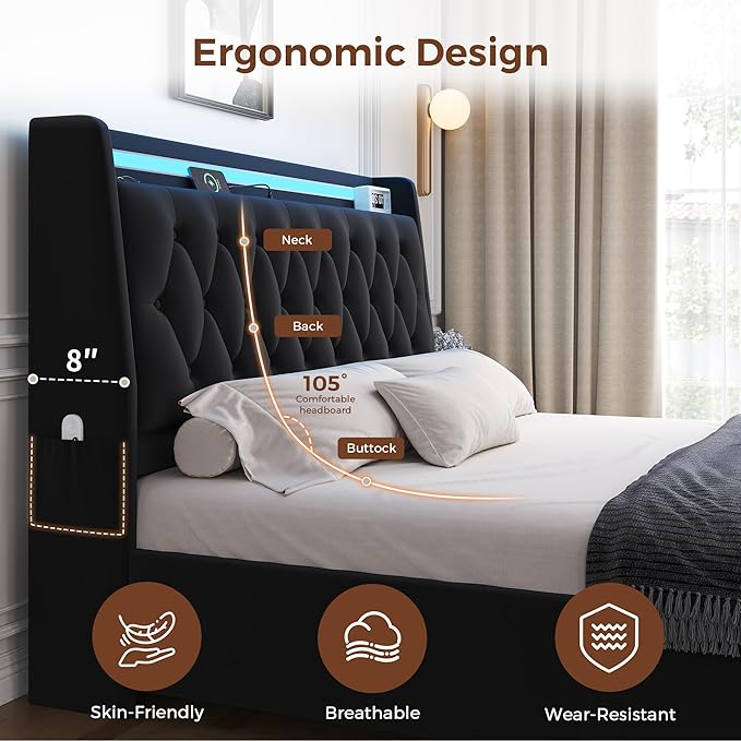 Full LED Velvet Bed Frame with 2 Storage Drawers&Hidden Headboard, Upholstered