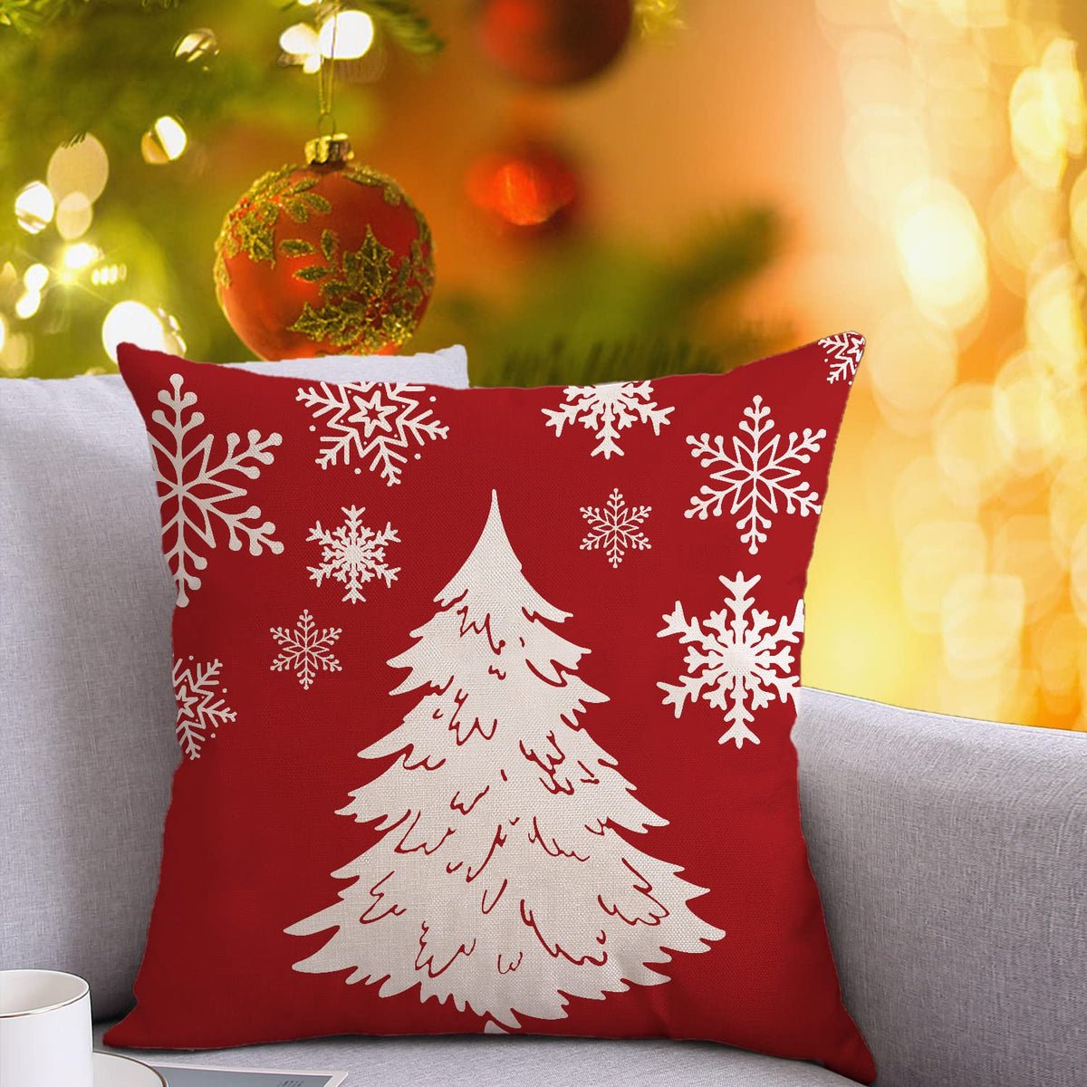 Coeufuedy Red Christmas Pillow Covers - 18x18 Inch Set of 4 Snowflake Trees & Deer Decorative Cushions for Home & Sofa