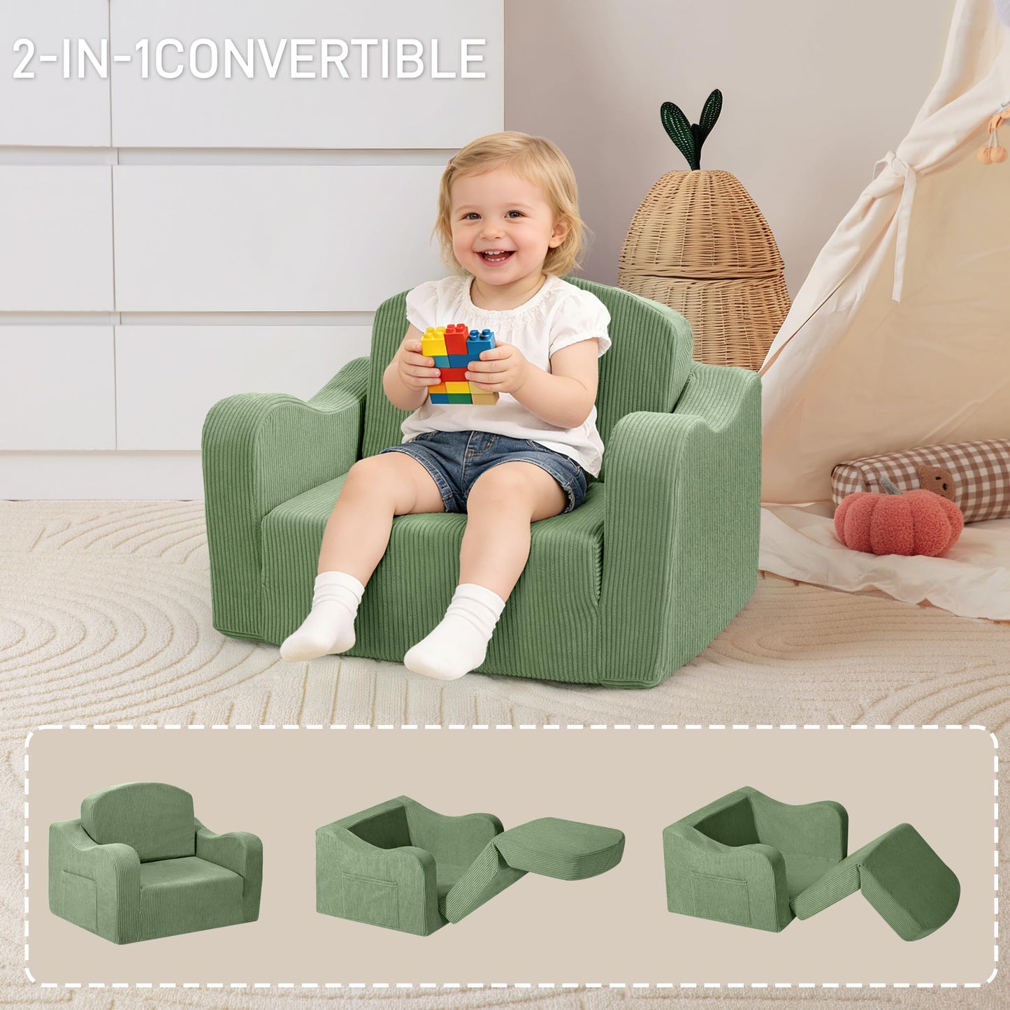 aodisman 2-in-1 Kids Chair and Couch, Thick Cozy Corduroy Kids Sofa, Convertible Foam Seating for Reading, Playing, Removable Washable Cover,Green