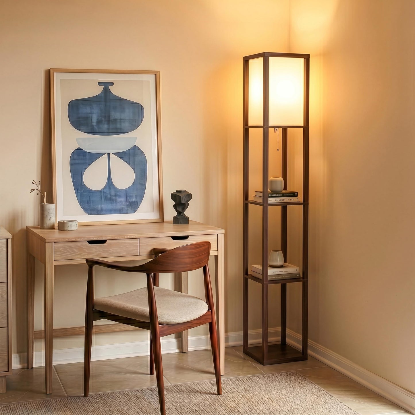 Brightech Maxwell - Modern Shelf Floor Lamp with Lamp Shade & Warm White LED Bulb, Corner Display Floor Lamp with Shelves for Living Room, Bedroom, Nightstand Office, Home Decor Storage - Havana Brown