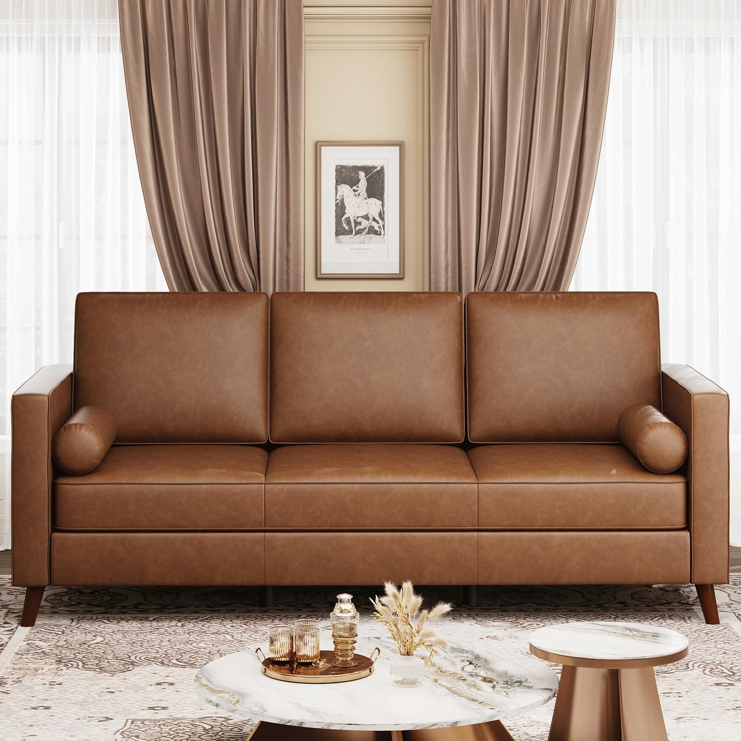 GAOMON 81" Leather Couch for Living Room, Mid Century Modern 3-Seater Sofa with Deep Seat, Faux Leather Sofa for Apartment, Home Office, Brown