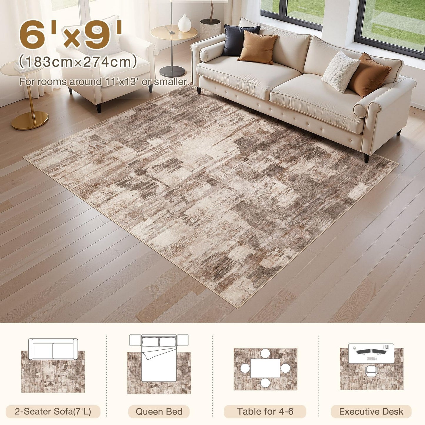 kakania 6x9 Washable Area Rug - Abstract Soft Non-Slip Modern Low-Pile Carpet for Living Room Bedroom Office Dorm, Kid Pet Safe Robot Vacuum Friendly - Brown