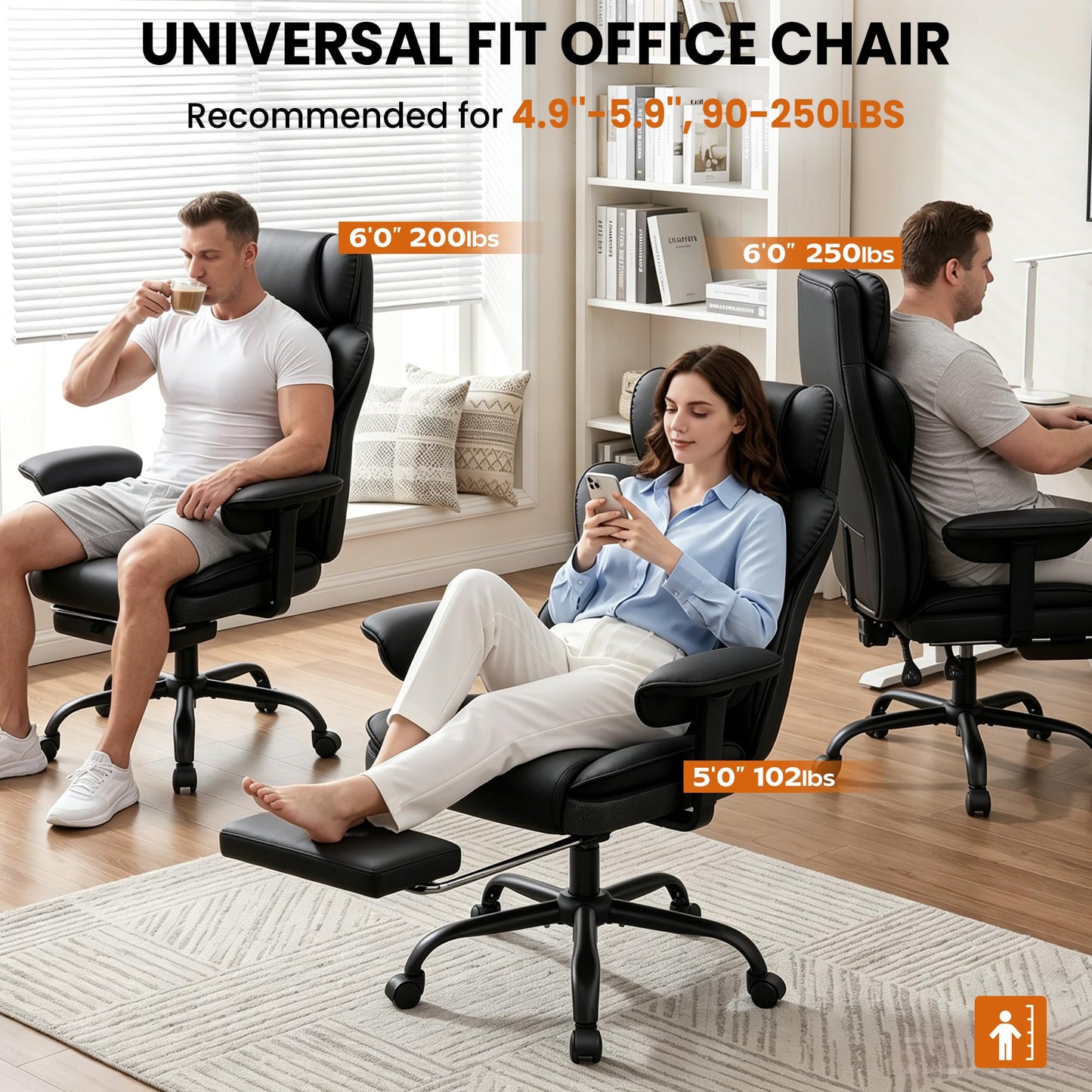 Stella Mia Big and Tall Office Chair with Foot Rest, Desk Chair with Soft Adjustable Armrests, Ergonomic High Back Gaming Chair with Lumbar Support, Executive Computer Chairs (PU Leather, Deep Black)