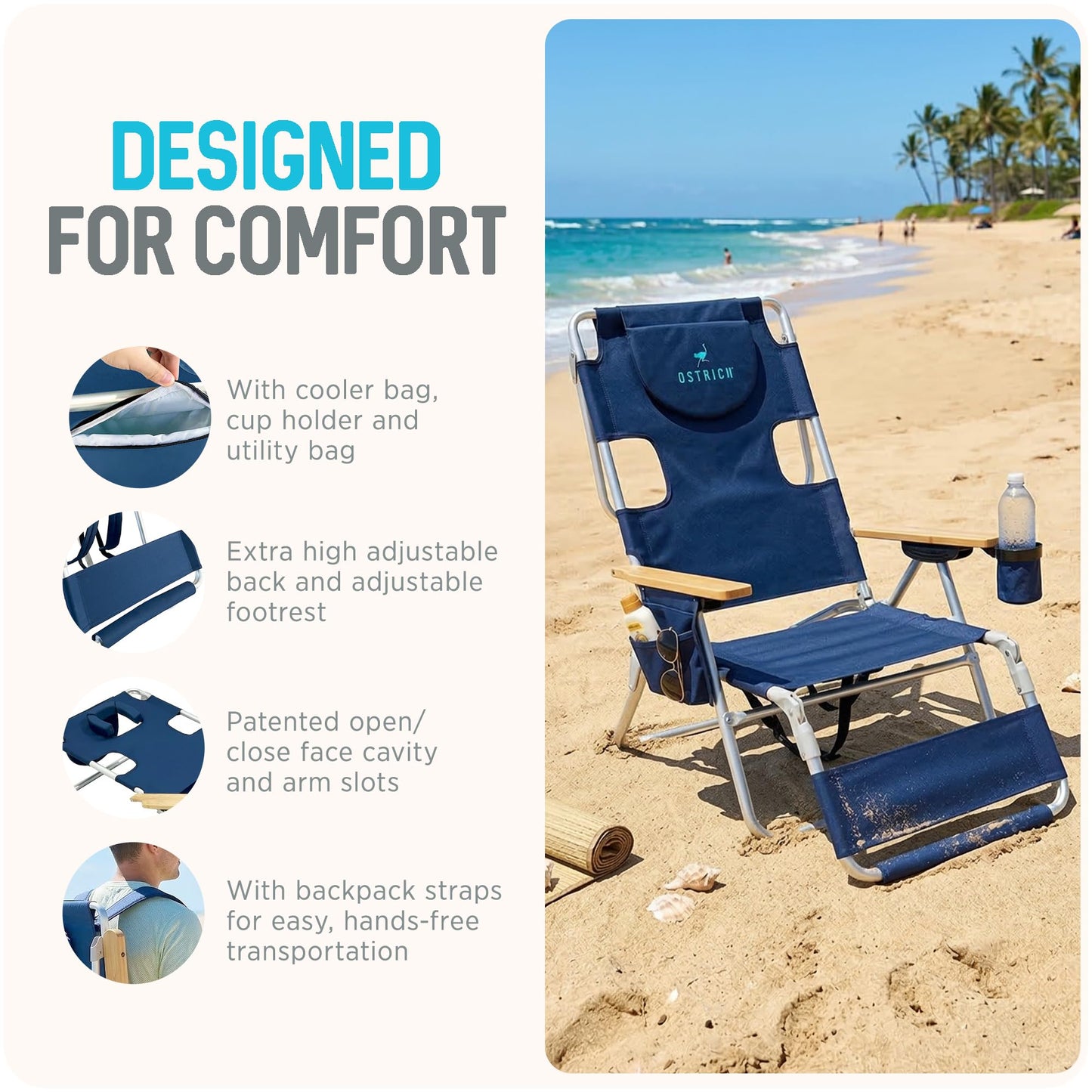 Ostrich the Woody Backpack 3N1 Portable Chair with Cooler Bag and Reclining Lounger for Tanning, Camping, Beach, and Outdoor Essential, Navy Blue