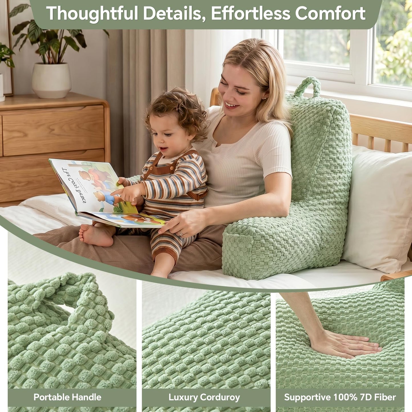 19" Back Support Pillow for Dorm Room Essentials,Green Corduroy,Large