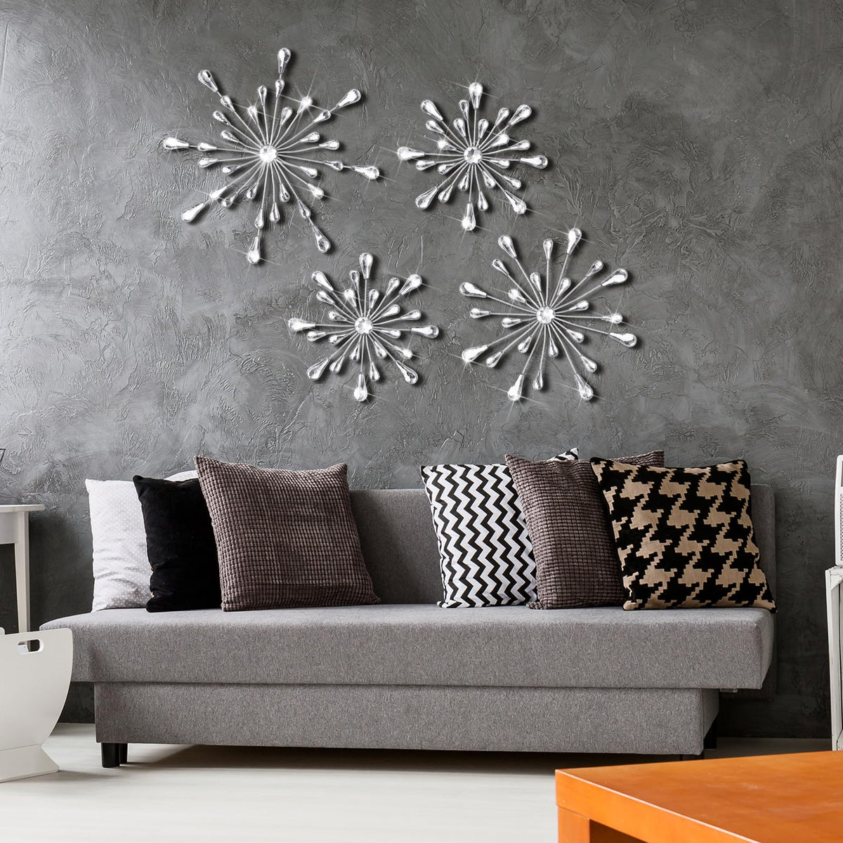 Hicarer 4pcs 3D Silver Metal Starburst Wall Decor Bling Crystal Wall Art Cast Iron Rhinestones Sunburst Decor Jeweled Hanging Glitter Diamond Accents Home Decorative for Living Room Bedroom Entryway