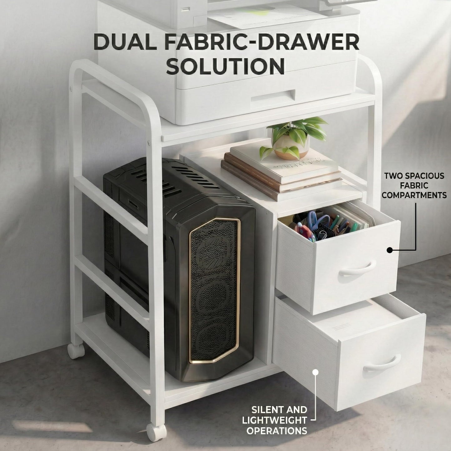 ZEXVIDA Printer Stand Featuring Fabric Drawers, Under Desk Host Computer Cabinet and Shredder Shelf, Heavy Duty Printer Stand with Storage Workstation Organization Printer Table for Home Office