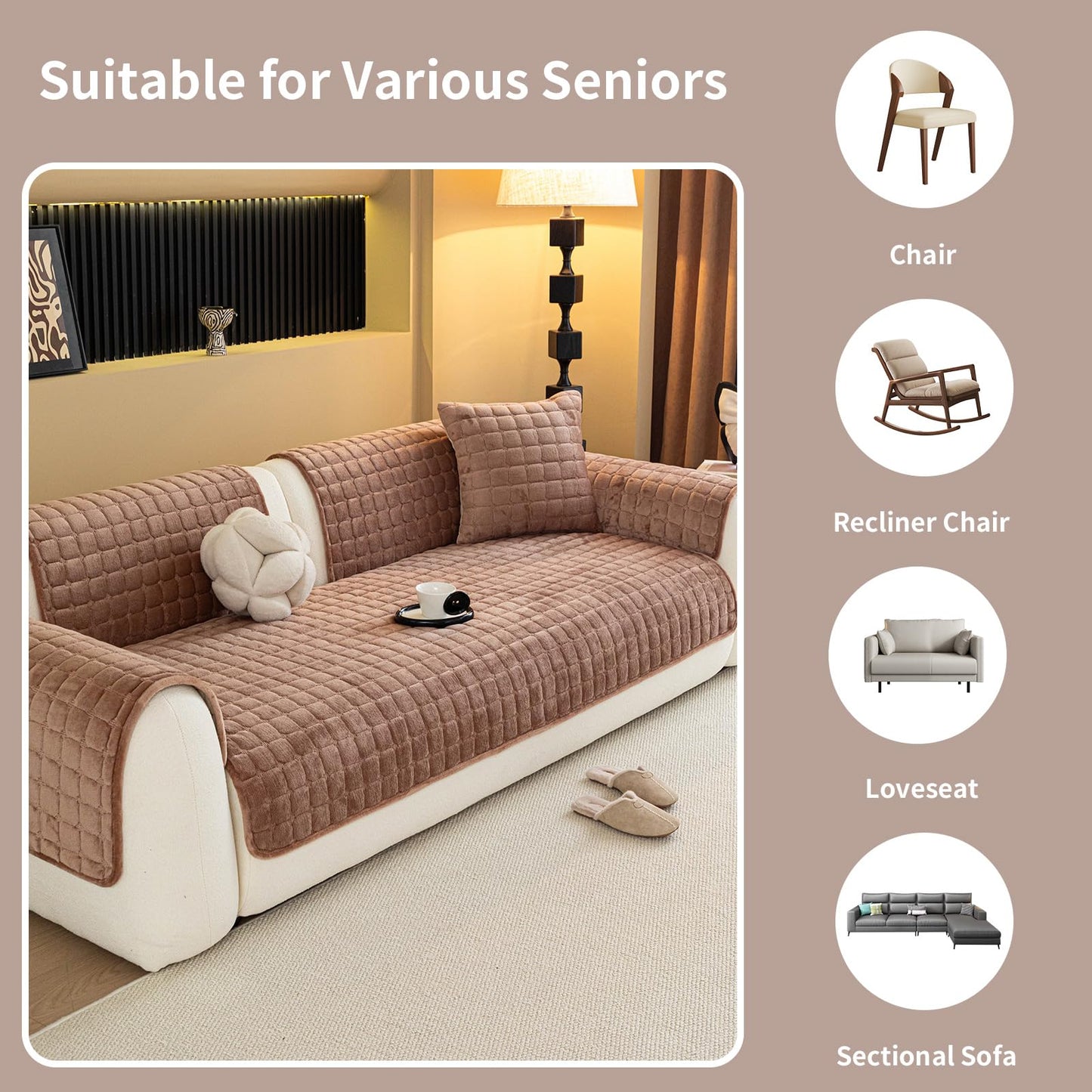 MDSASFD Velvet Couch Cover, Plush Sectional Sofa Cover Washable, Anti Slip Sofa Slipcover for 4 Cushions Sofas, Furniture Protector Covers for Pets & Kids(1PC, Dark Brown, 35.4"×94.5", 4-Seater)