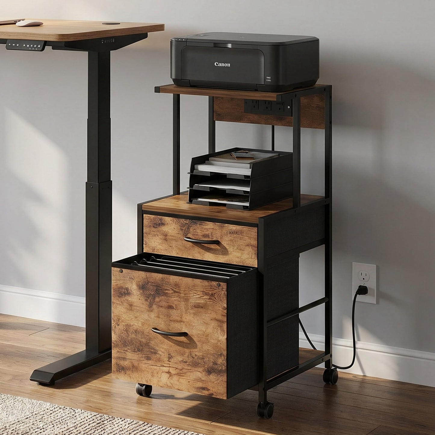 VonDream Printer Stand with Charging Station, File Cabinet for Home Office