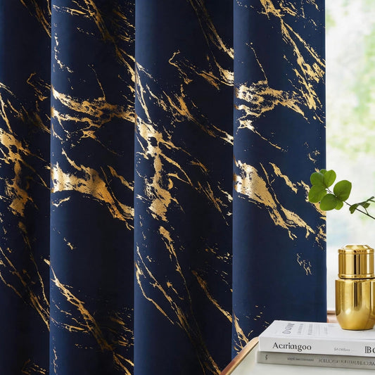 WUBODTI Navy Blue and Gold 100% Blackout Patterned Curtains 84 Inches Long 2 Panels, Gold Marble Printed Thermal Insulated Curtain Modern Abstract Drapes for Bedroom Living Room Dining Room