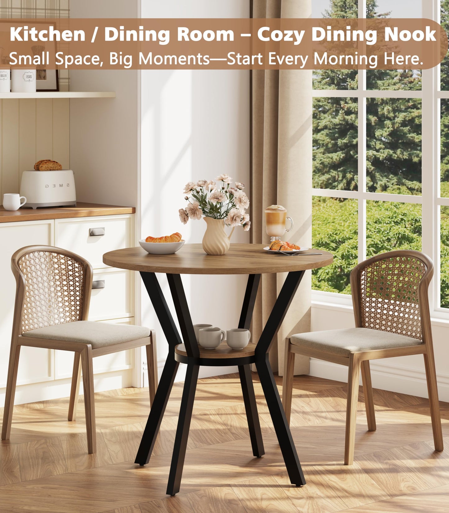Round Kitchen Tables for 2-4, 31.5" Small Dining Tables with Storage, Rustic Wood Circle Dinner Table with Metal Leg, Farmhouse Dinner Table for Small Space, Dining Room, Kitchen, Office, Apartment