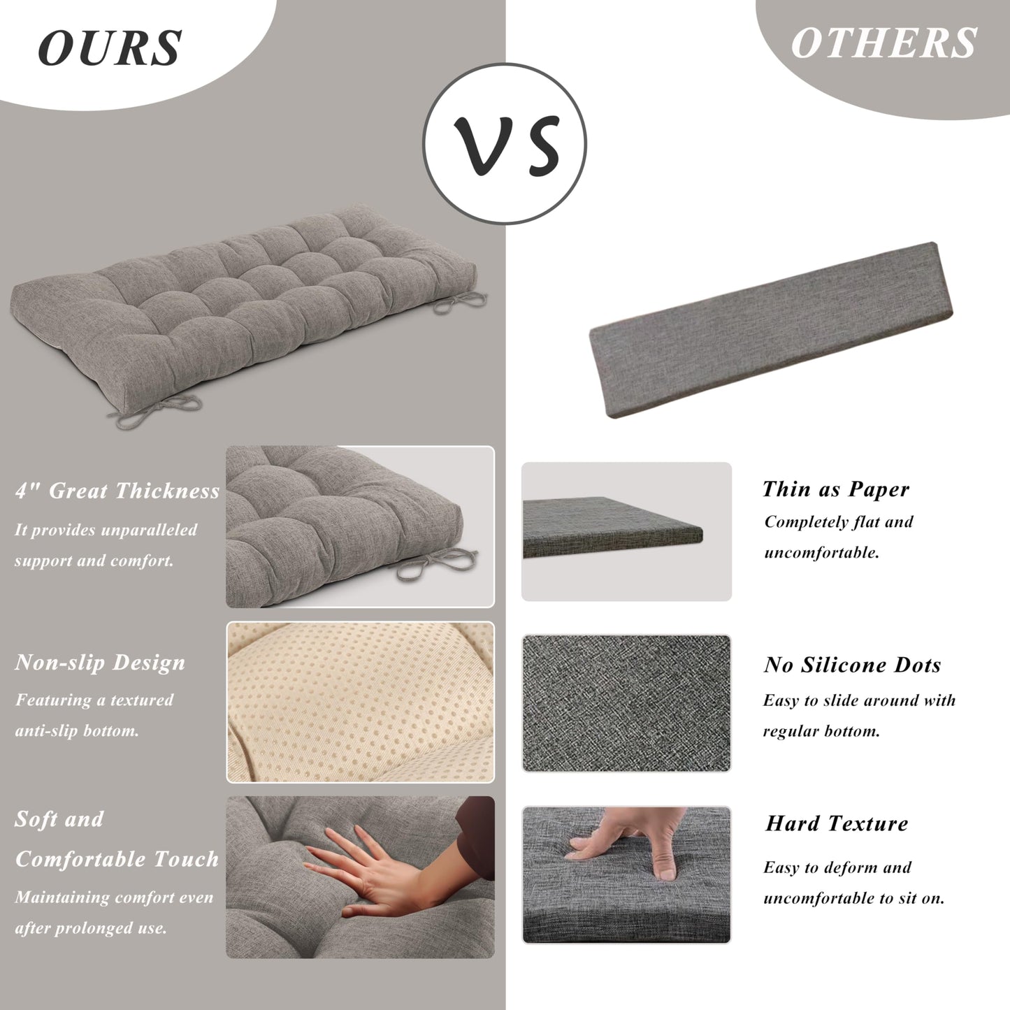 FlyGulls Bench Cushion for Indoor Furniture 48x19 inch Rectangle Bench Seat Cushion for Bay Window Entryway Bench Thick Textured Chair Cushion with Non-Slip Backing 1 Pack, Light Grey