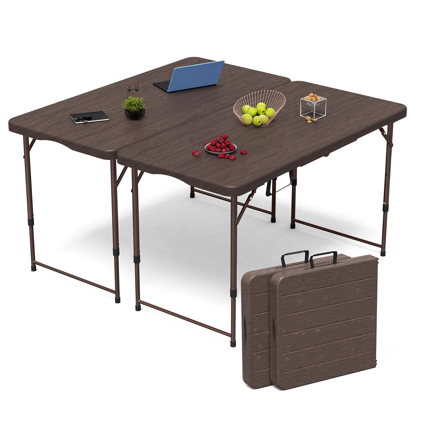 VSOAEIL Set of 2 Folding Table 4 Foot for Indoor Outdoor, Portable Heavy Duty Fold-in-Half Utility Small Plastic Adjustable Height Folding with Carrying Handle for Picnic and Party, 2 Pack Brown