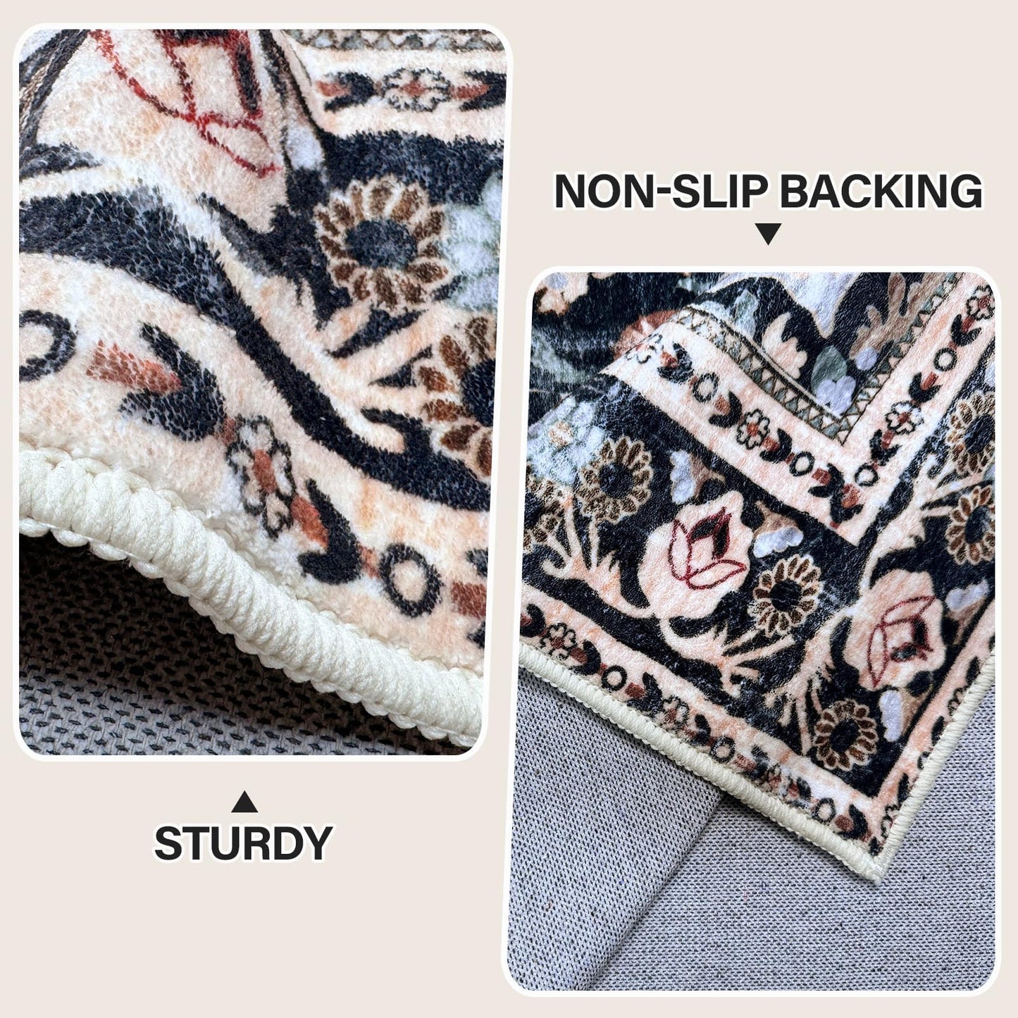 Vhong 2×3 Black and Brown Washable Area Rugs Boho Vintage Modern Neutral Small Carpet Low Pile Doormat High Traffic Rugs for Bathroom Kitchen Entryway Non Slip