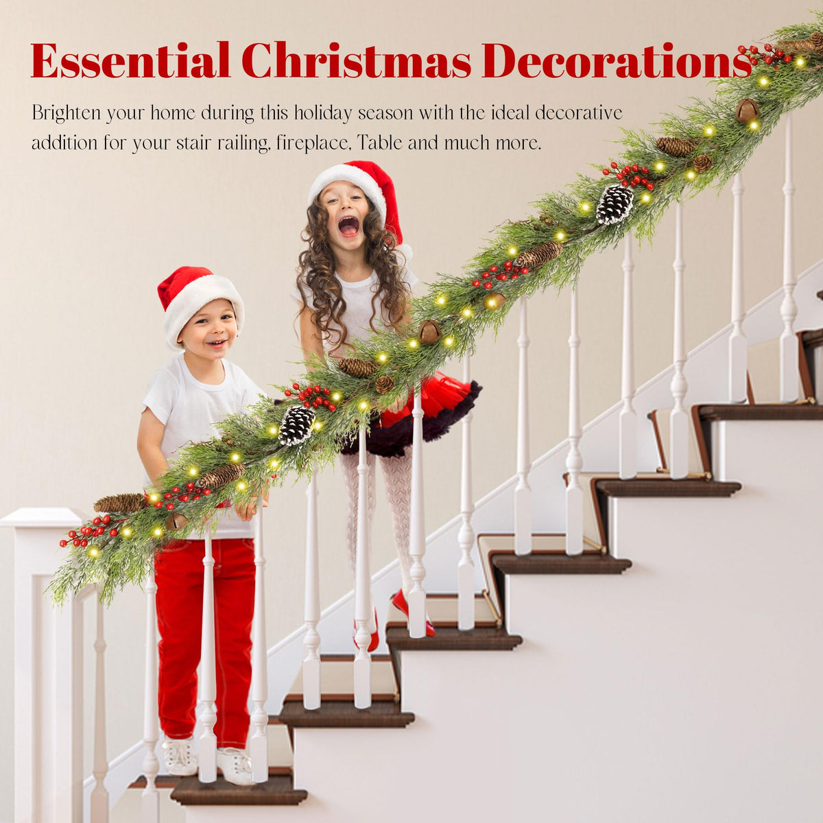 9FT Christmas Cedar Garland with Lights,Artificial Realistic Battery Operated Green Garland Christmas Decorations for Home Mantel Stairs Railing Dining Table Winter Decor