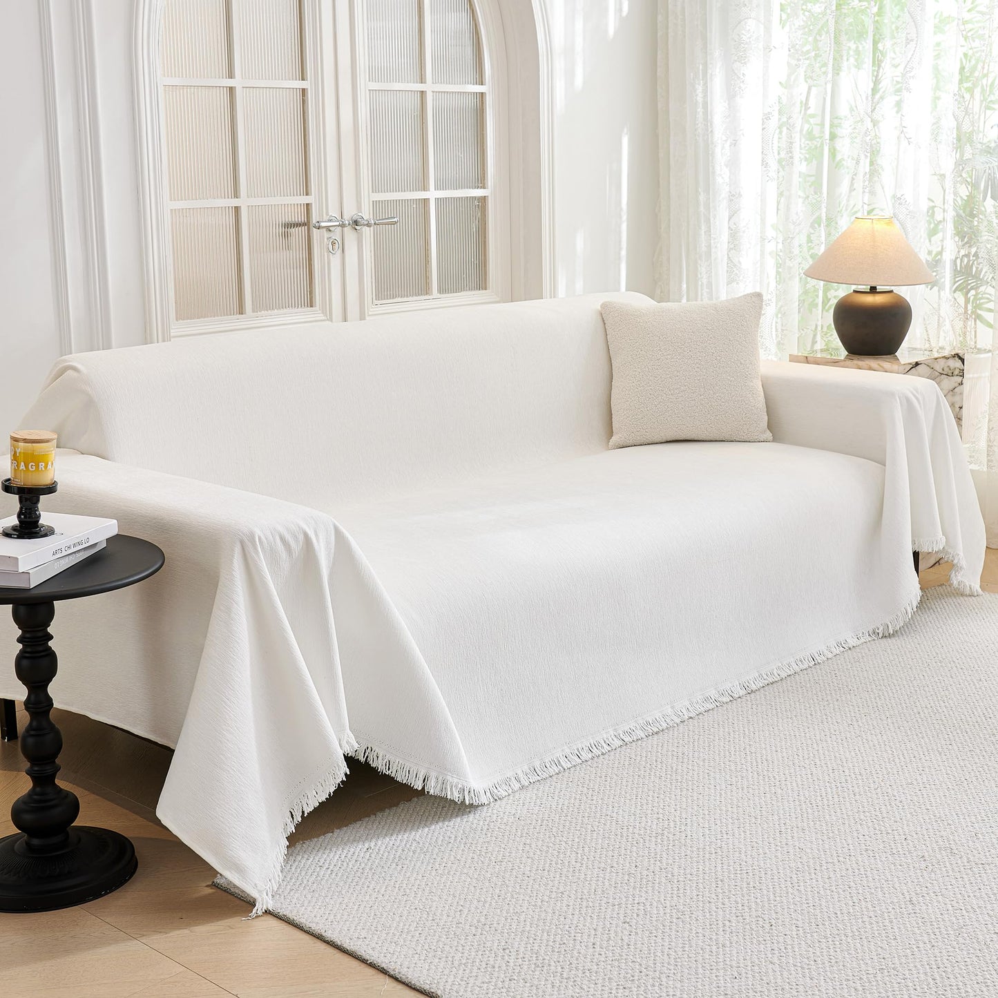MYSKY HOME Couch Covers for Pets Thick Chenille White Cream Sofa Slipcover with Tassel Non Slip Soft Couch Sofa Cover, Washable Furniture Protector Sofa Slipcover with Tassel for Kids, Dogs, 91"x118"