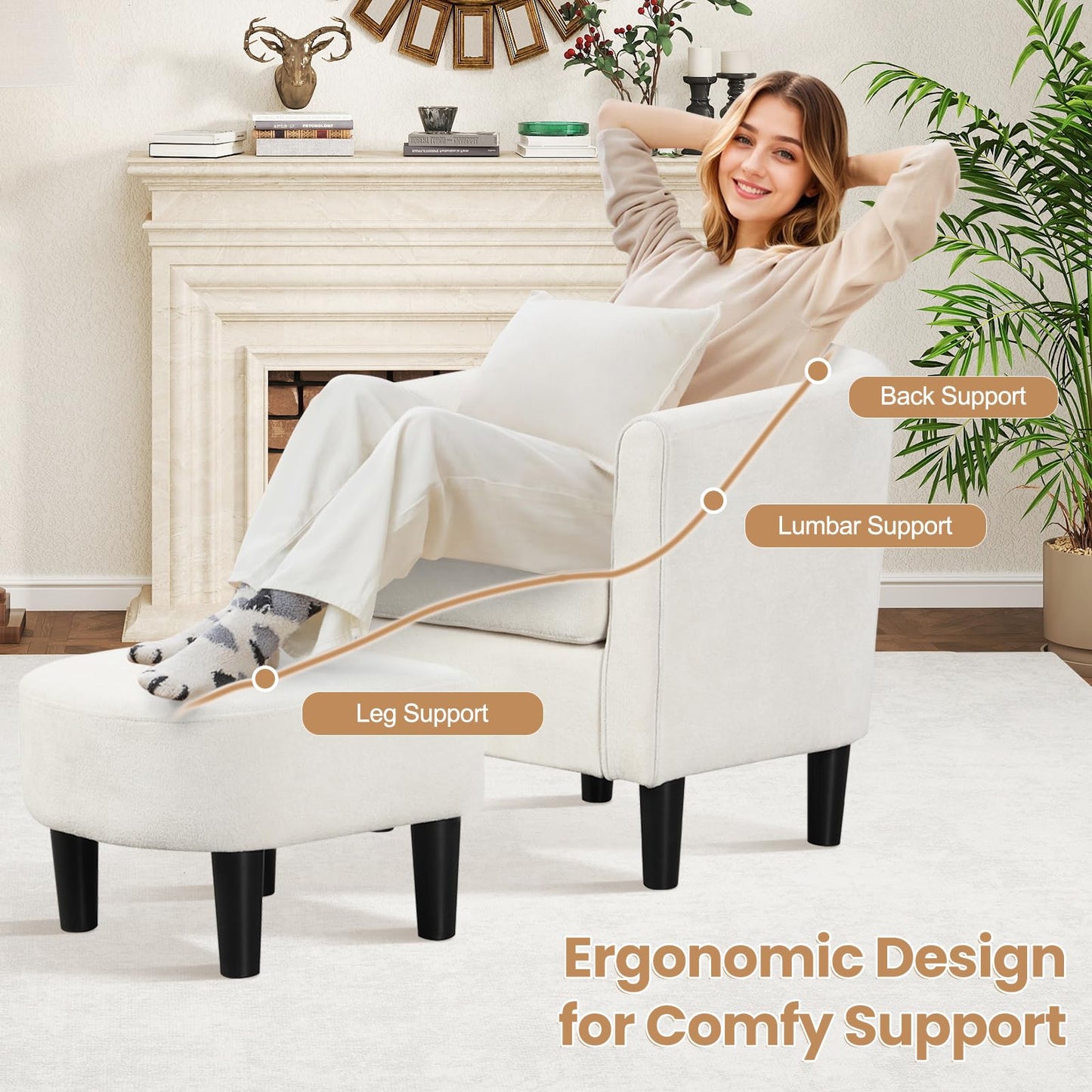 KOMFOTT Accent Chair with Ottoman, Upholstered Teddy Velvet Barrel Chair with Footrest, Comfy Club Sofa with Curved Backrest, Thick Seat Cushion, Modern Arm Chair for Living Room, Bedroom, Beige