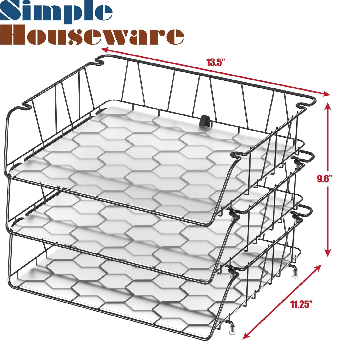 Simple Houseware Stackable Wide Entry Desk File Document Letter Tray with Liner, Wire Grid, 3 Packs, Black
