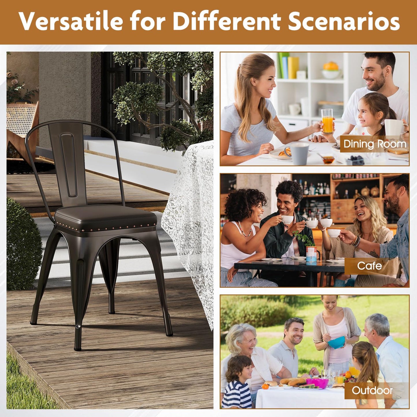 COSTWAY Metal Dining Chairs Set of 4, 18.5 Inch Stackable Industrial Kitchen Tolix Side Chairs with Cushions, Detachable High Back for Dining Room, Cafe, Restaurant, Bistro (Bronze)