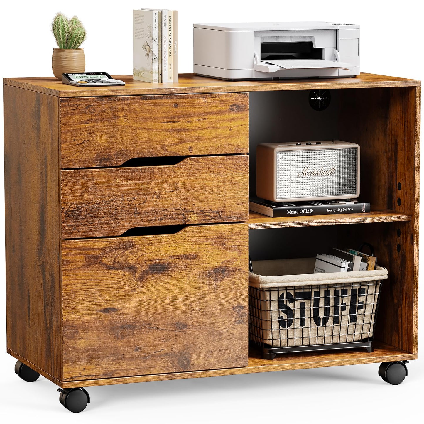 DUMOS Rolling File Cabinet with 3 Drawers, Wood Under Desk Printer Stand with Wheels and Adjustable Shelves, Lateral Filing Cabinet for Home Office, Small Space Storage Organizer, Brown