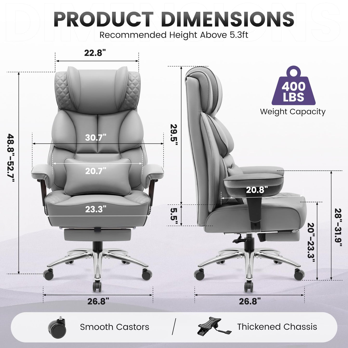 BestGlory Office Desk Chair, Big and Tall Leather Gaming Chair with Footrest, Wide Ergonomic Comfy Executive High-Back Reclining Computer Chairs, Swivel Rolling Wheels and Padded Lumbar Support, Gray