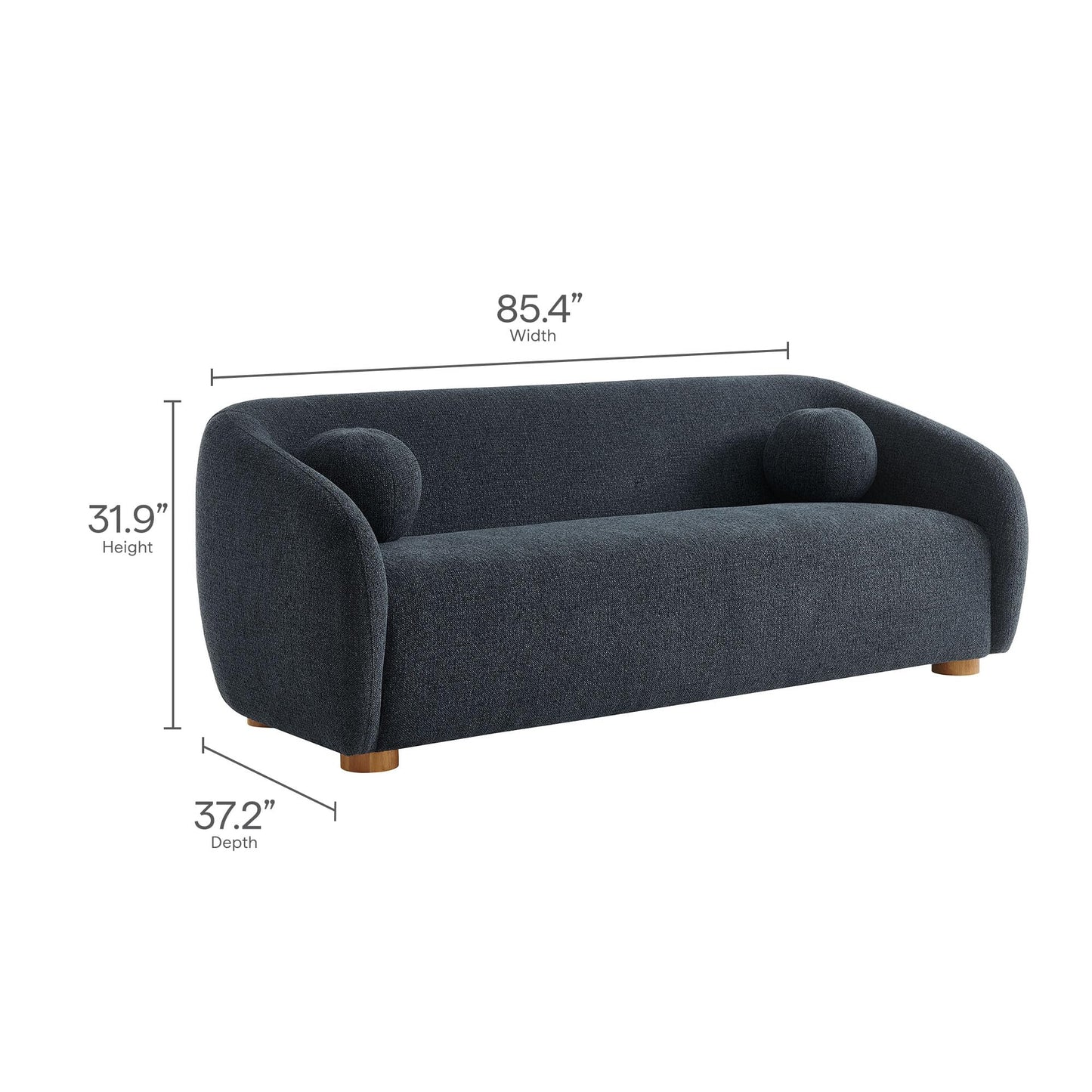 Modway Holland 85 Inch Minimalist Curved Back Sofa in Navy – Chenille Fabric Sofa with Ball Throw Pillows and Wood Feet – Modern 3-Seater Couch for Living Room
