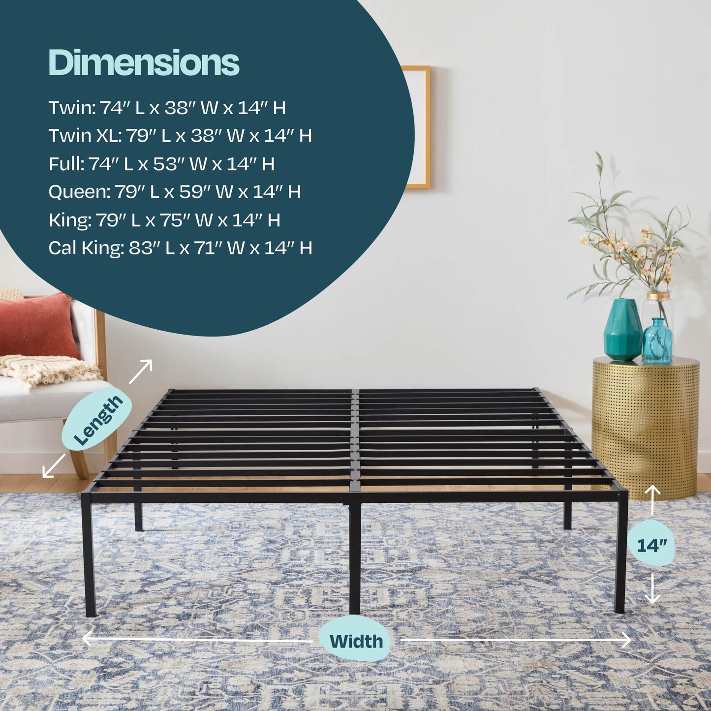 Linenspa Heavy Duty Metal Platform Bed Frame - No Box Spring Needed - Underbed Storage - Simple Toolless Assembly - 14” High - Sturdy - Steel Slats - Sleek Modern Design - Queen Size