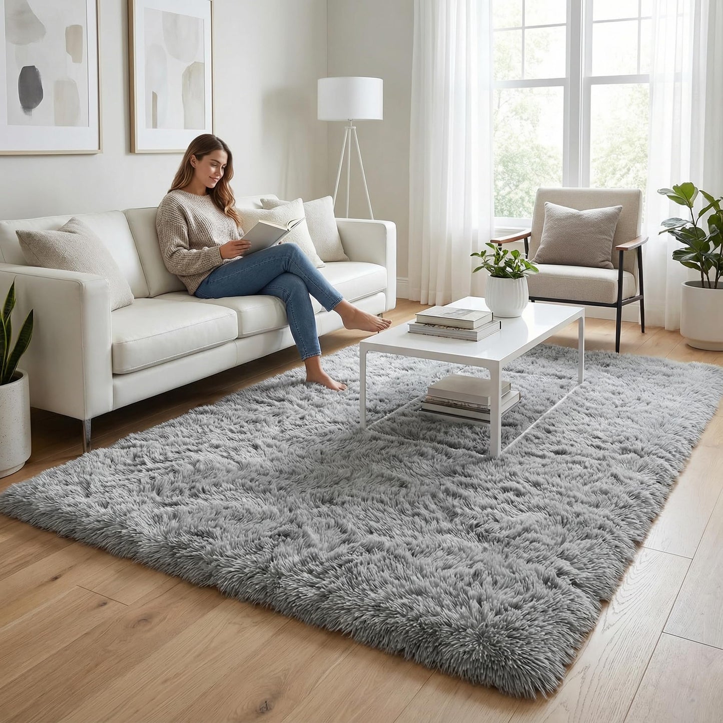 Merelax Modern Soft Fluffy Large Shaggy Rug for Bedroom Livingroom Dorm Kids Room Indoor Home Decorative, Non-Slip Plush Furry Fur Area Rugs Comfy Nursery Accent Floor Carpet 4'x6' Grey