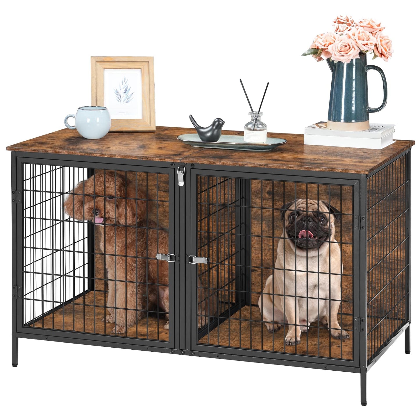 MAHANCRIS Dog Crate Furniture for 2 Dogs, 43.3" Dog Kennel with Removable Divider, Heavy Sturdy Dog Furniture Style Double Cage for Small Medium Dog, Indoor Pet House End Table, Rustic Brown DCHR1201