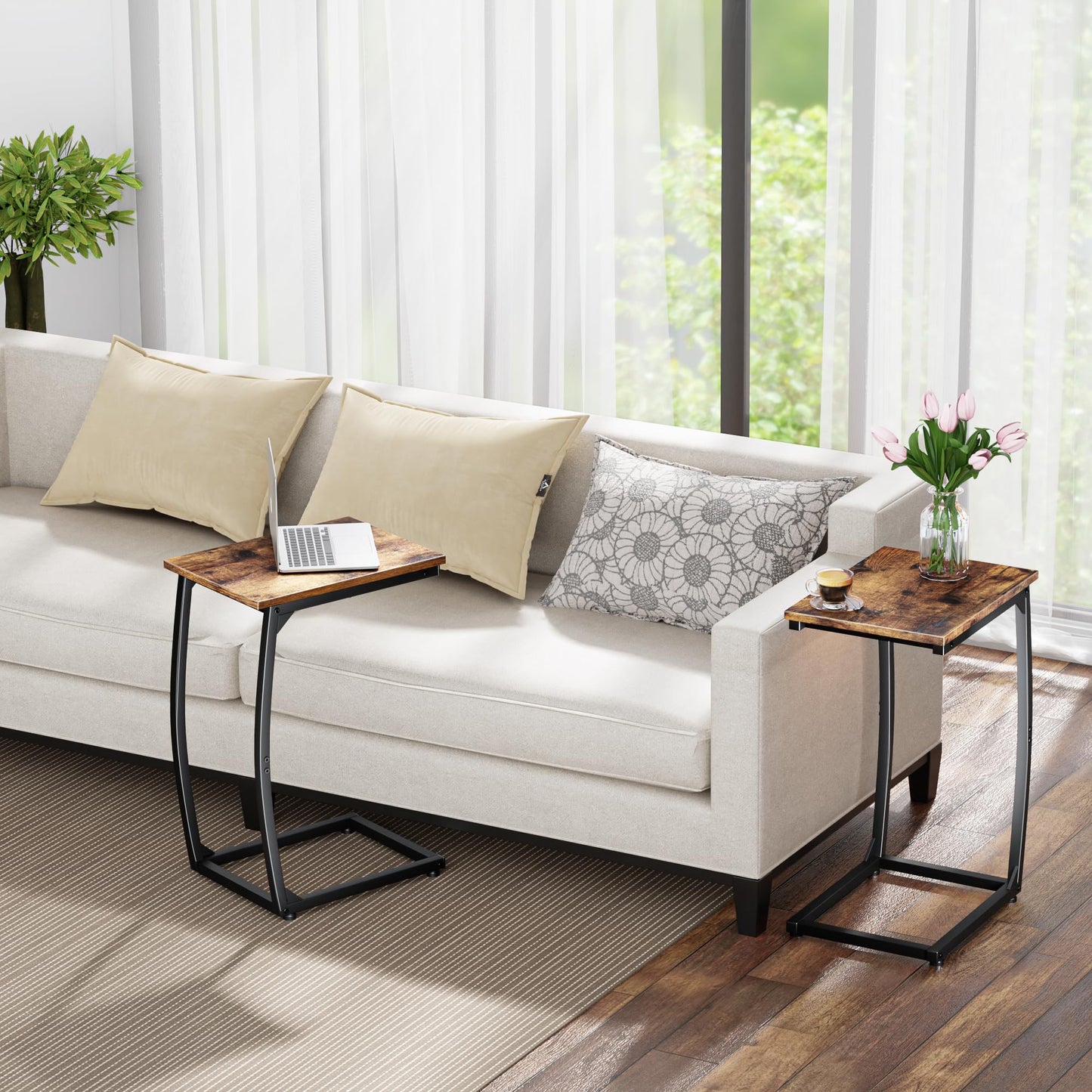 LAKEMID C-Shaped End-Table Set of 2 - Side Table for Couch,Curved Support Legs, Slide Under Couch Table for Sofa, TV Tray Table for Living Room Bedroom (Rustic Brown)