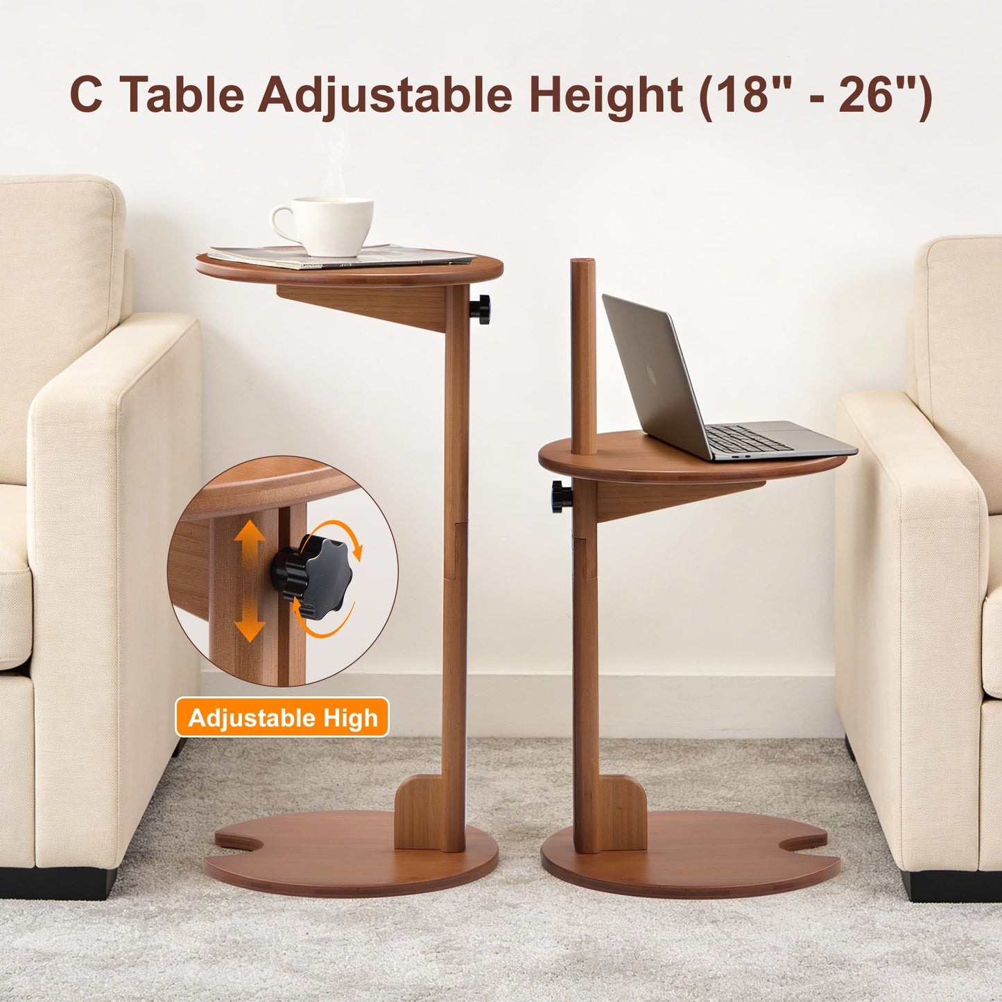 VELOHEIM Bamboo C Shaped Side End Table 18–26" Height Adjustable for Sofa