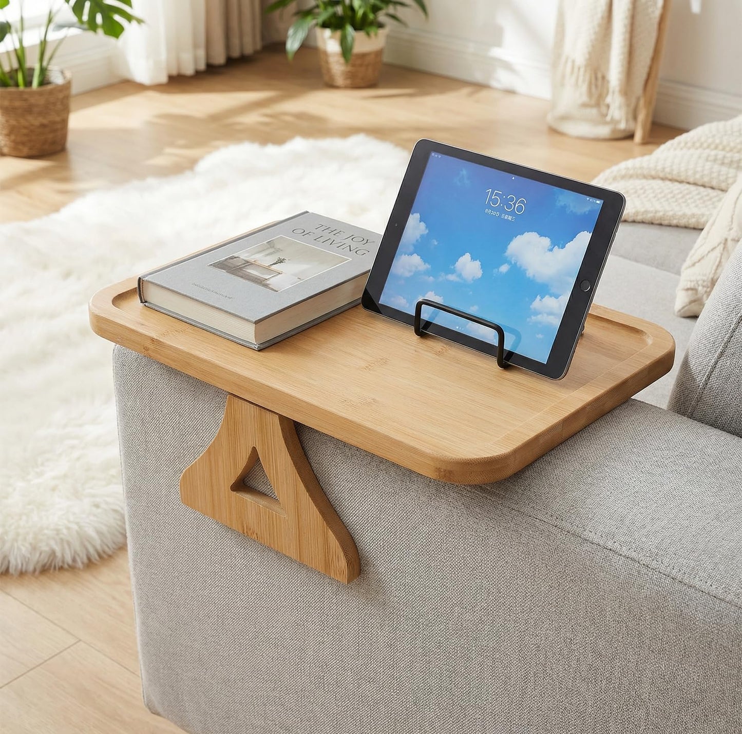 Fumusae Couch Arm Tray, 13" × 9" Bamboo Foldable Sofa Armrest Table Tray Clip-On Desk for Eating TV Snacks Drinks Phone Remote, Natural Wood Wooden Holder Side Table for Armchair Recliner Small Spaces