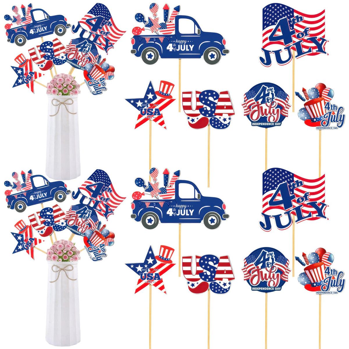 12 Pcs 4th of July Centerpiece Sticks Floral Picks Red White Blue American Flag Truck Stars Stripes Patriotic Cake Bouquet Tabletop Decoration for Independence Day Vase Filler Photo Prop Party