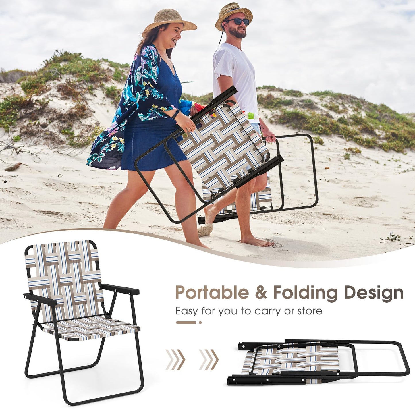 Giantex Beach Chairs for Adults 6-Pack - Camping Chair with Steel Frame, Set of 6 Lightweight Folding Directors Chairs, Outdoor Webbing Chair for Patio, Fishing, Yard, Poolside Lawn (Khaki)