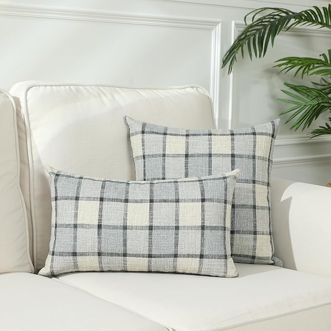 Stellhome Pack of 2 Linen Buffalo Check Throw Pillow Covers Farmhouse Plaid