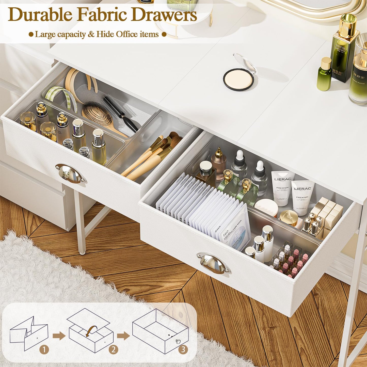 ThreeHio Small Vanity Desk No Mirror for Kids Bedroom, 31.5 Inch Vanity Table with Drawers, Makeup Vanity Desk for Narrow Spaces, White Dreessing Table(No Mirror)