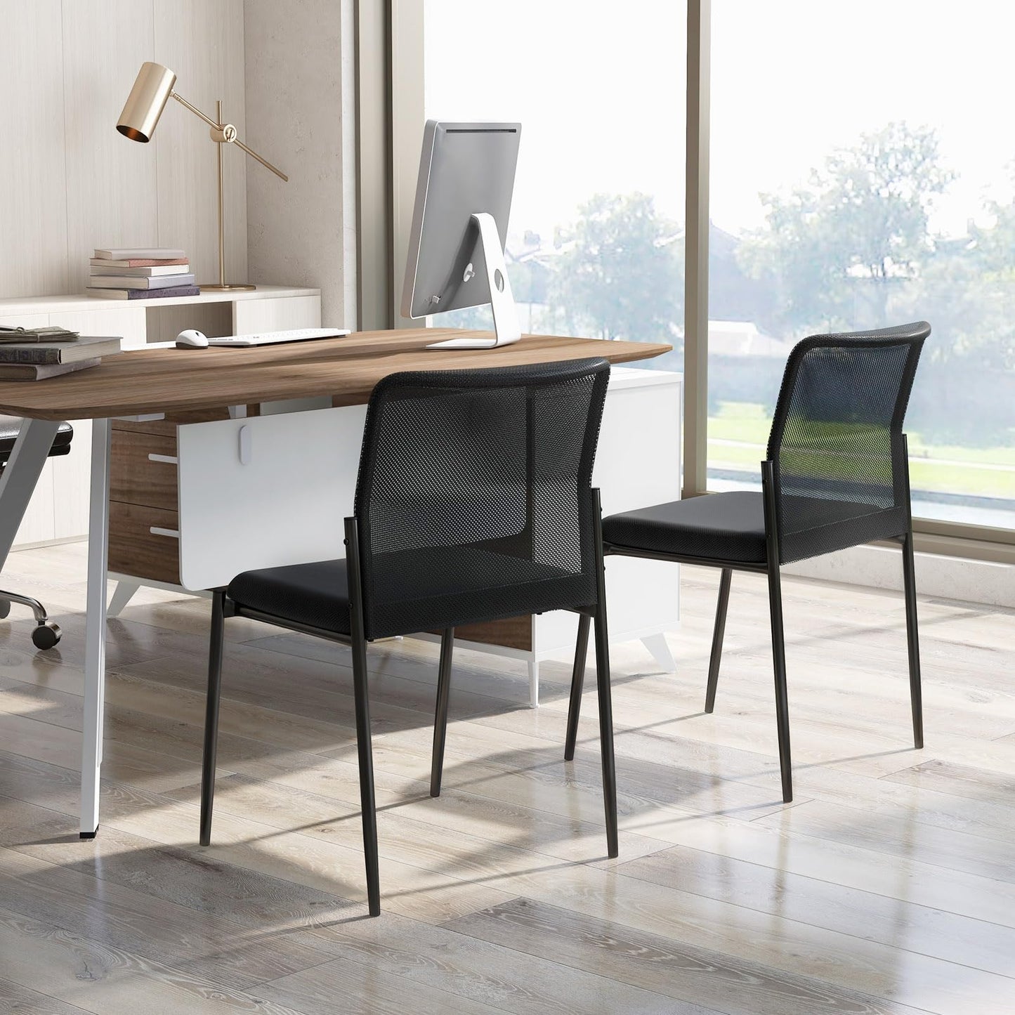 Giantex Waiting Room Chairs Set of 2 - Stackable Guest Chairs w/Ergonomic Backrest, Padded Seat, Lobby Chair for Conference, Meeting Room, Reception, Armless Desk Chair, Mesh Office Chairs (Black)