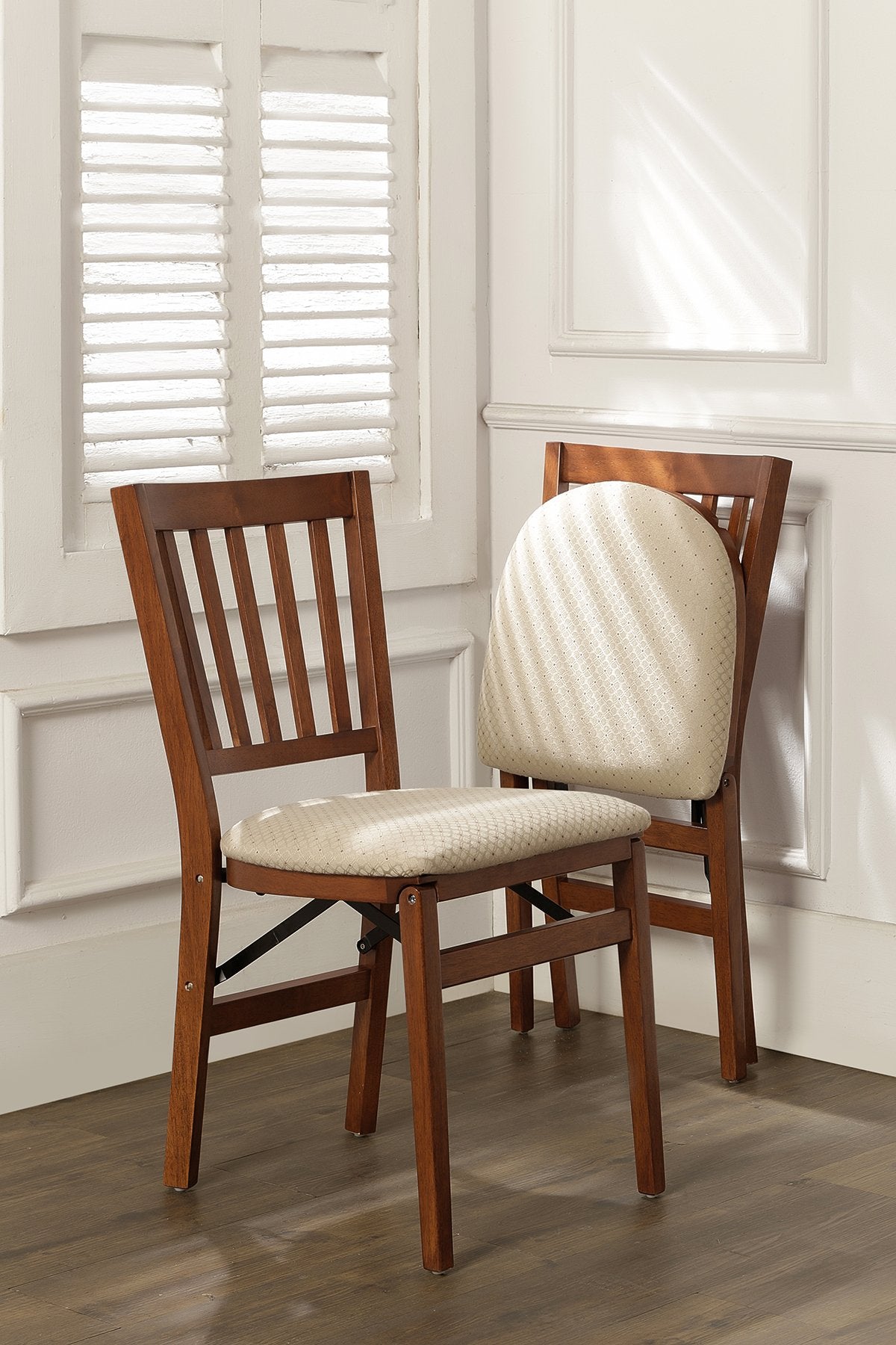 MECO Stakmore Premium Solid Wood Dining Table Compact Folding Chair Set with Blush Fabric Padded Upholstered Seat, Fruitwood (Set of 2)
