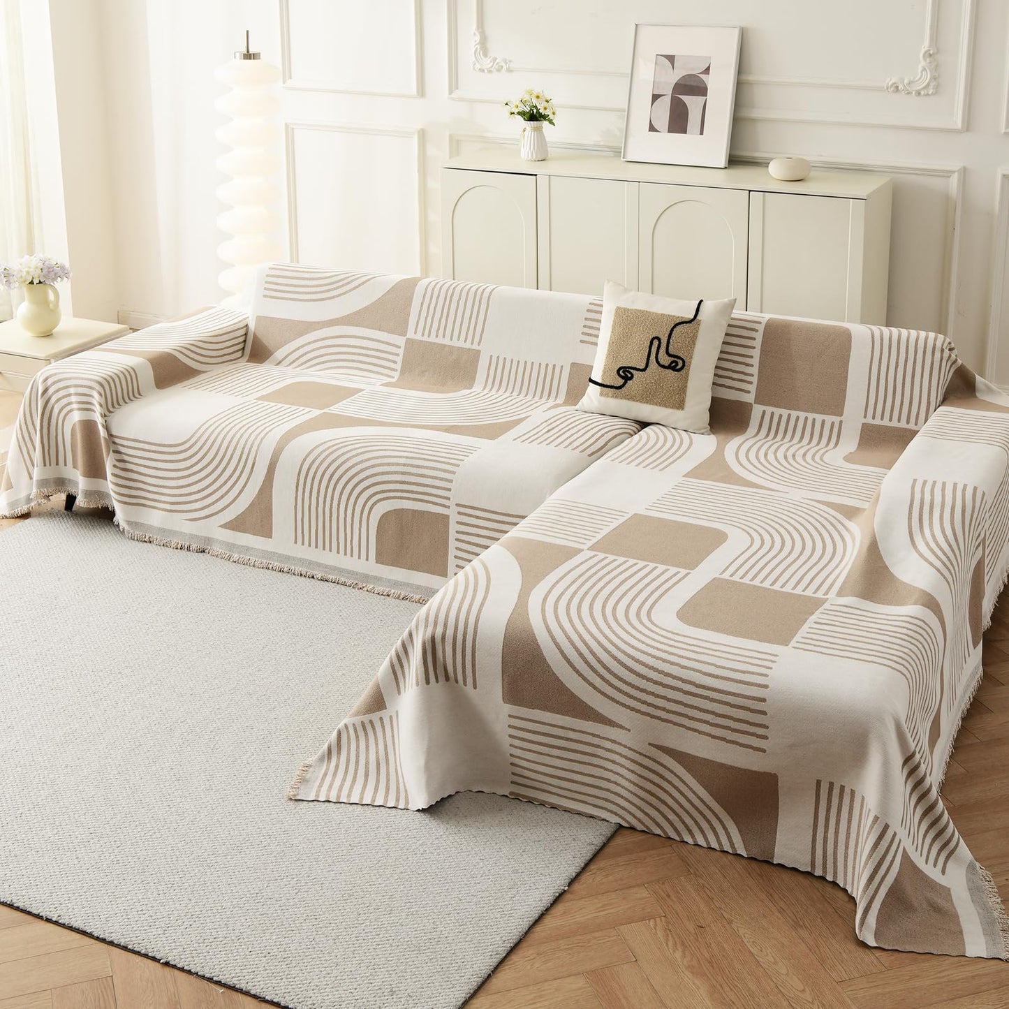 WEYOND Boho Chenille Couch Cover for L Shaped Sectional Sofa, Bohemian Sofa Covers Washable, Pet Friendly Chaise Cover for 2/3/4 Seater Couch (71" x 118" + 71" x 118", Khaki)
